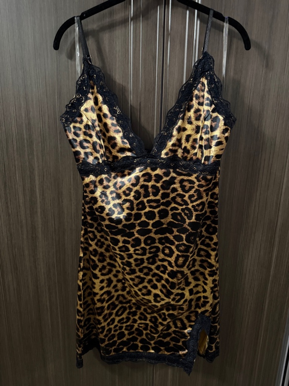 Fashion Nova Leopard Satin Lace Slip Dress - Black & Brown - Picture 1 of 6